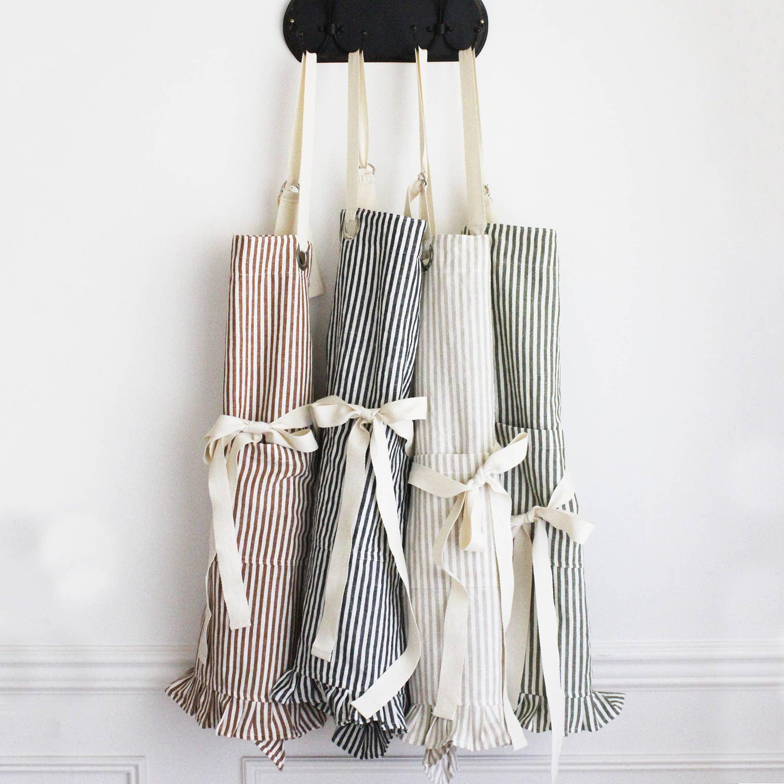 Ruffle Pin Stripe Apron | Adjustable Neck Strap | Cotton Linen Blend, Front Pocket | 30x28 Inches | Tan, Rust, Green, Black - Rust