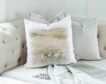 Custom Location Spring Landscape Pillow Cover | Wildflower | Housewarming Gift | New Home | Farmhouse | Muted Tonal Decor | 18 x18 | 20 x 20