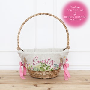 Personalized Girl Easter Basket Liner with Pink Ribbon and Font Custom Easter Basket Gift for Kids Easter Bunny Basket Keepsake Flopsy image 2