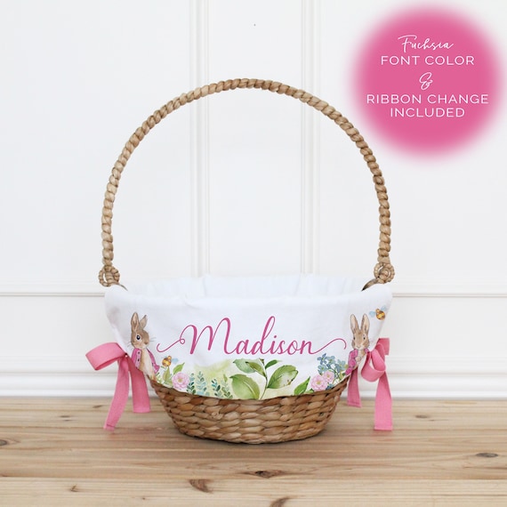 Personalized Girl Easter Basket Liner with Pink Ribbon and Font • Custom Easter Basket Gift for Kids • Easter Bunny Basket Keepsake | Flopsy