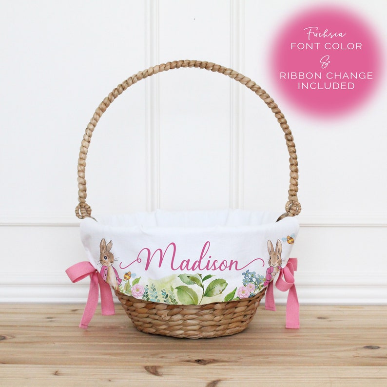 Personalized Girl Easter Basket Liner with Pink Ribbon and Font Custom Easter Basket Gift for Kids Easter Bunny Basket Keepsake Flopsy image 1