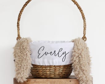 Personalized Sherpa Bunny Ear Easter Basket Liner | Custom Kids Basket Liner | Easter Basket Liner for Baby Boy or Girl | Keepsake Gift