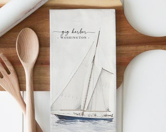 Custom Location Sailboat Tea Towel | Nautical Decor | Beach Home | Vacation Home Decor | Personalized Tea Towel | Housewarming Gift | Boat