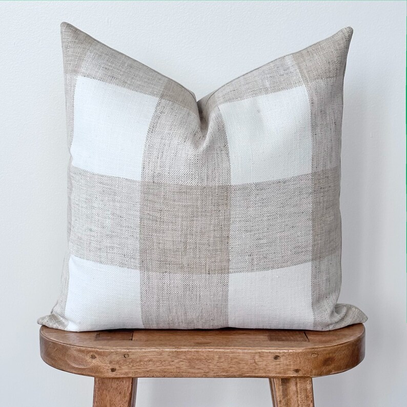 Tan and White Buffalo Plaid Pillow Cover | Neutral Beige Plaid Accent Pillow | Classic Plaid Throw Pillow | Classic Home Decor | Harris image 2