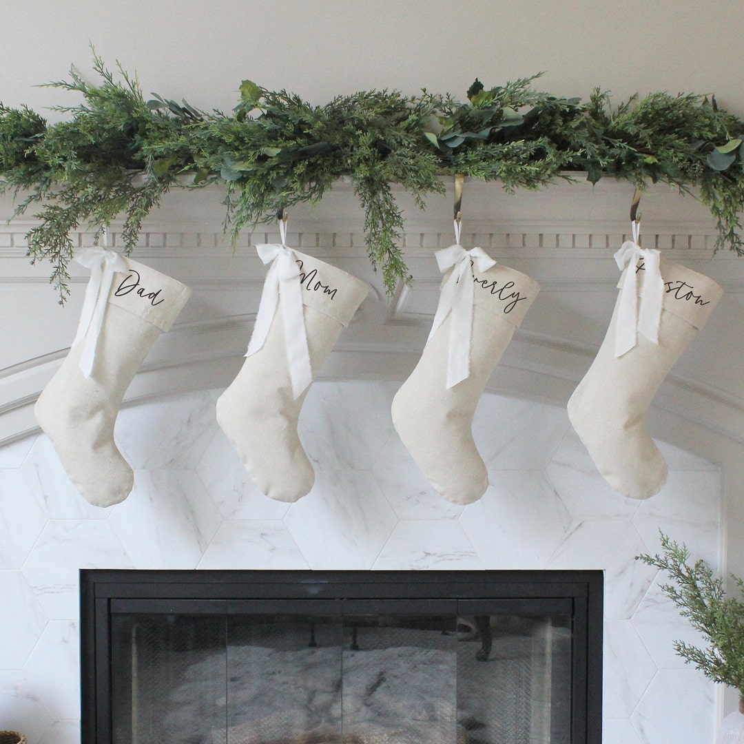 Personalized Bow Christmas Stockings Custom Natural Linen Xmas