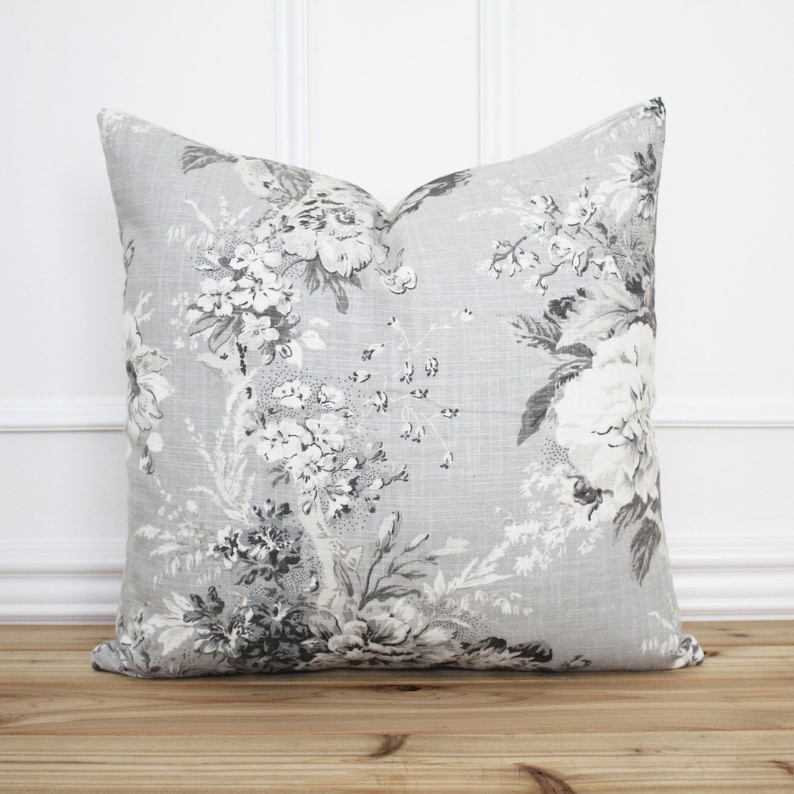 Gray Floral Pillow Cover 20x20 Throw Pillow Cover Linen Etsy