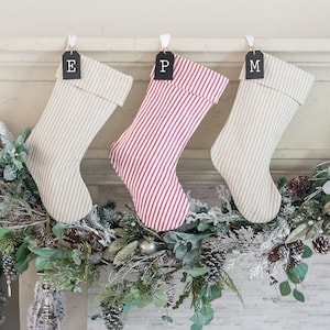 Personalized Ticking Christmas Stocking  | Red Stripped Stocking | Beige Stripe Stocking | Custom Family Stockings | Farmhouse Xmas Stocking