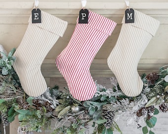 Personalized Ticking Christmas Stocking  | Red Stripped Stocking | Beige Stripe Stocking | Custom Family Stockings | Farmhouse Xmas Stocking