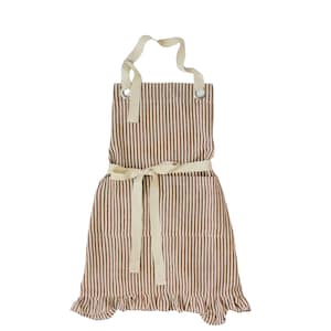 A brown and white striped apron with a white ribbon tied around the waist.