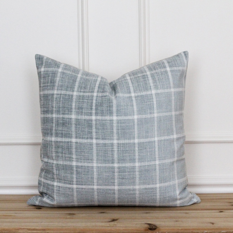 Blue Plaid Pillow Cover | Plaid Accent Pillow | Chenille Decorative Throw Pillow | Handmade Pillow Cover | Farmhouse Pillow Covers | Helen image 1