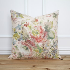 Pink Floral Pillow Cover • 20x20 Throw Pillow •  Linen Pillow Cover • Designer Pillow • Blush Floral Pillow • Decorative Pillow || Sophie