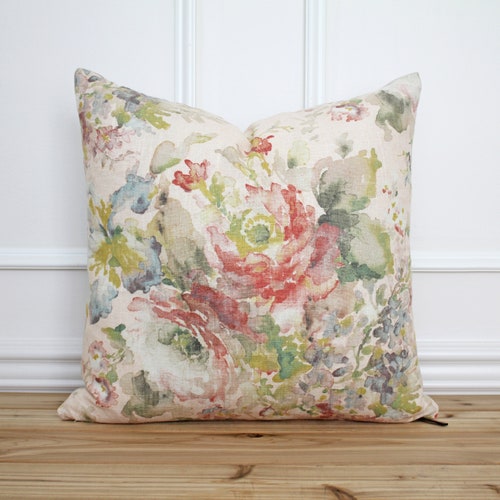 Pink Floral Pillow Cover 20x20 Throw Pillow Linen Pillow Etsy