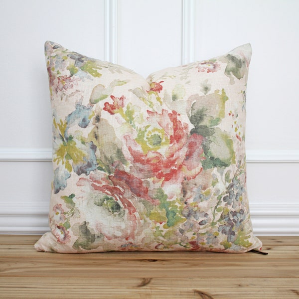 Pink Floral Pillow Cover • 20x20 Throw Pillow •  Linen Pillow Cover • Designer Pillow • Blush Floral Pillow • Decorative Pillow || Sophie