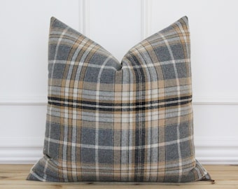 Cognac Brown and Gray Plaid Pillow Cover | Black and Gray Plaid Pillow Cover | Soft Wool Pillow | Custom Decorative Fall Pillows | Felix