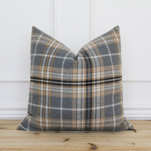 Cognac Brown and Gray Plaid Pillow Cover | Black and Gray Plaid Pillow Cover | Soft Wool Pillow | Custom Decorative Fall Pillows | Felix