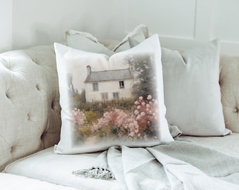 Vintage Landscape Spring House Pillow Cover | Country Cottage | Vintage Art | French Country | Farmhouse Home Decor | Spring Landscape