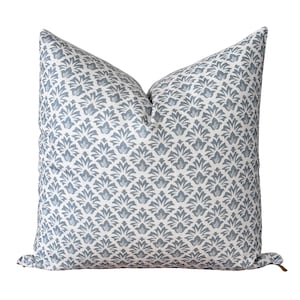 Blue Block Print Pillow Cover | Beige and Blue Linen pillow Cover | Designer Block Print Cushion Cover | Modern Farmhouse Decor | Vivi
