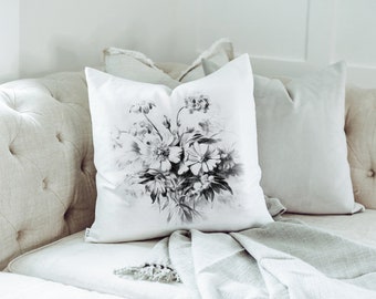 Bouquet Sketch Pillow Cover | 20 x 20 | 18 x 18 | Vintage Floral | Accent Pillow | Throw Pillow | French Country Pillow | Vintage Decor