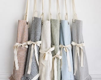 Ruffle Pin Stripe Apron | Adjustable Neck Strap | Cotton Linen Blend, Front Pocket | 30x28 Inches | Tan, Rust, Green, Black, Blue, Gray