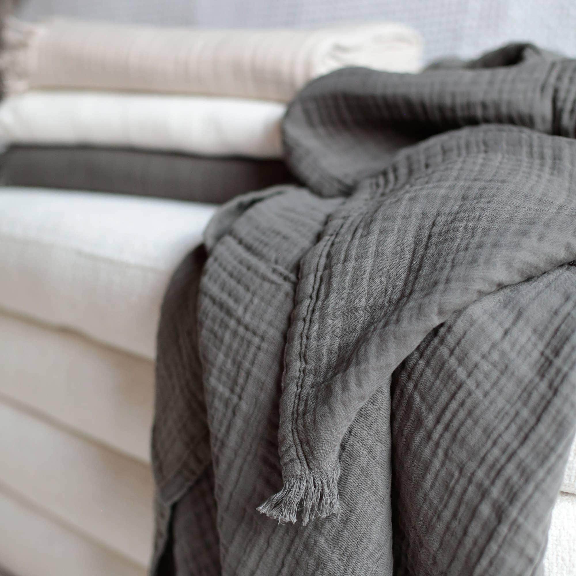 Gauze Throw Blanket | Soft Cotton  Lightweight Throw with Fringed Edges | Neutral Colors Ivory, Taupe, Gray