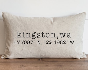 Personalized Home Town Pillow Cover | City State Coordinates Pillow Cover | Custom Location Lumbar Pillow | Wedding Gift | Realtor Gift