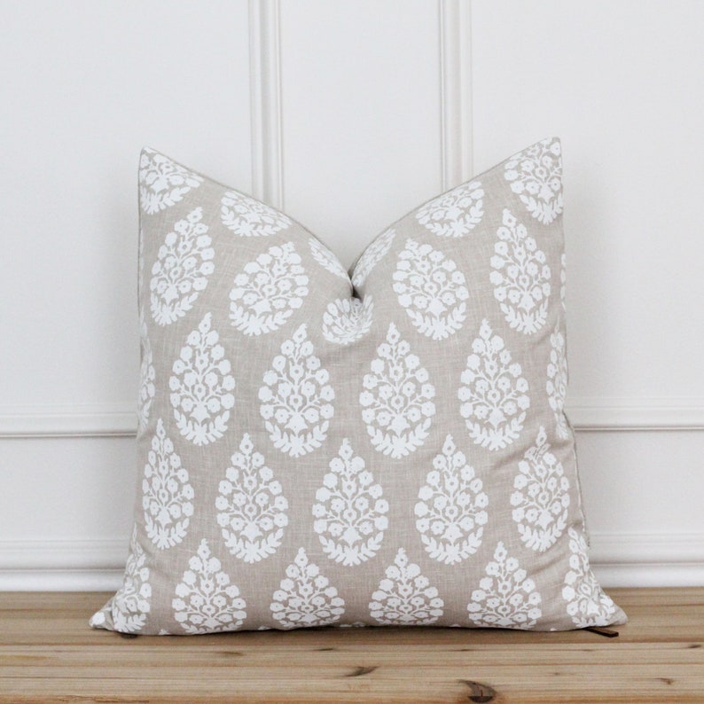Tan and White Handblocked Pillow Cover Floral Pillow Cover Neutral Throw Pillow Modern Farmhouse Cushion Cover Chandra image 1