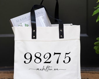 Código postal Ciudad Custom Market Tote / Regalo de bienvenida / Nuevo hogar / Regalo de agente inmobiliario / Bolsa de compras personalizada / Tote de envío reutilizable