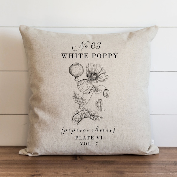 White Poppy Pillow Cover | 18 x 18 | 20 x 20 | Botanical Pillow Cover | Floral | Spring Home Decor | Summer Throw Pillow | Garden