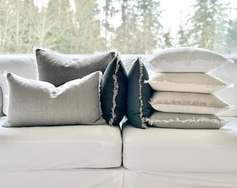 Neutral Linen Pillow Covers | Decorative Fringe Layering Pillows | 16x26 Lumbar Cushion Cover | 26x26 Euro Sham | 20x20 Sofa Pillow