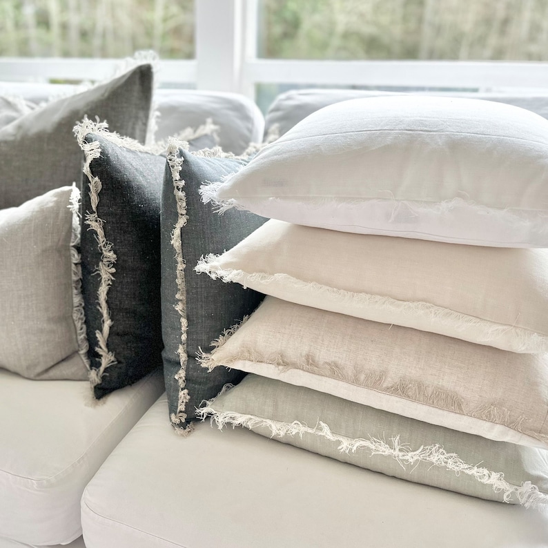 Neutral Linen Pillow Covers Decorative Fringe Layering Pillows 16x26