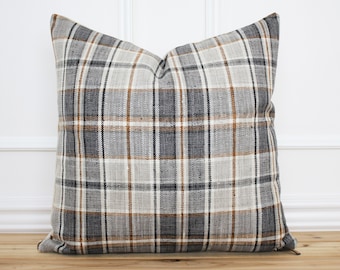 Gray Plaid Pillow Cover • Plaid Throw Pillow • Decorative Pillow • Fall Pillow Cover • Farmhouse Pillow Cover • 20 x 20 • 16 x 26 || Autumn