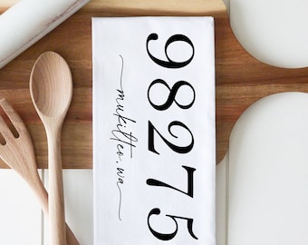 Paño de cocina personalizado con código postal y ciudad, regalo de inauguración de la casa, regalo para anfitriona, toalla de harina, personalizado