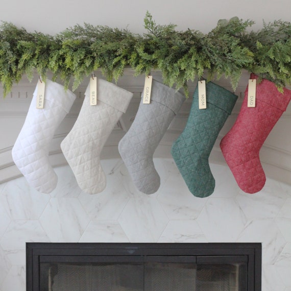 Personalized Christmas Stocking with Rustic Wood Name Tag | Customized Christmas Stocking | Modern Xmas Stocking | Holiday Family Stockings