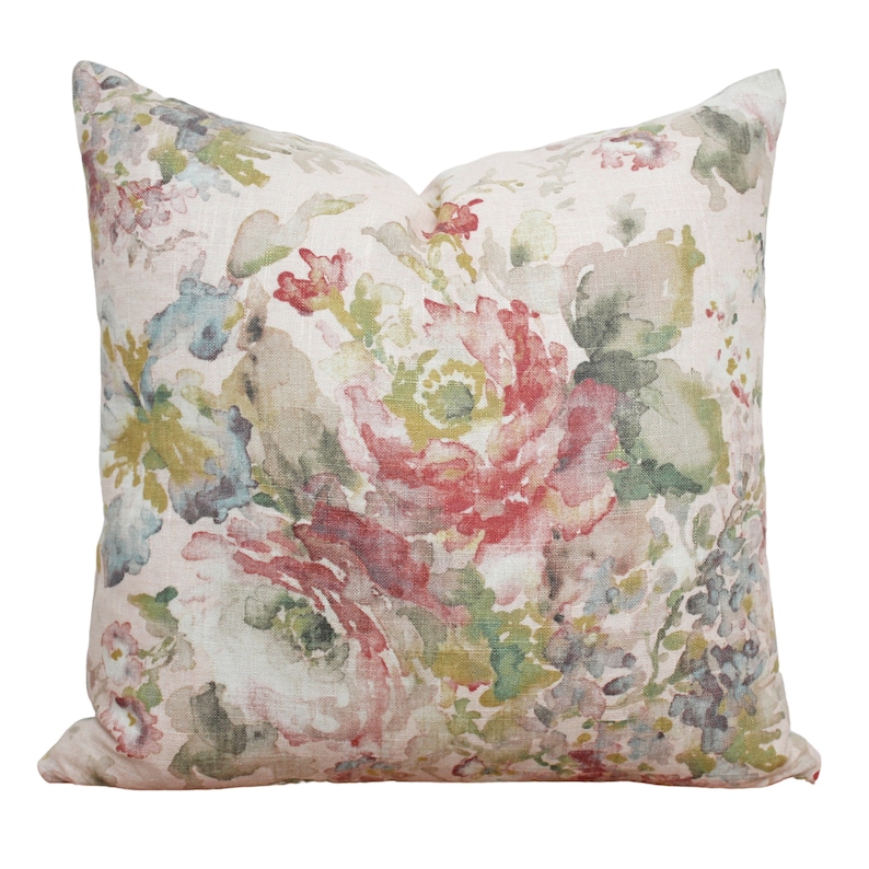 Pink Floral Pillow Cover 20x20 Throw Pillow Linen Pillow Etsy