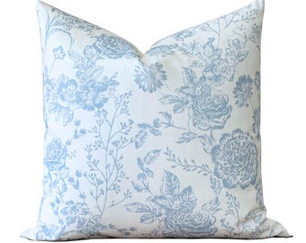 Blue Floral Block Print Pillow Cover | Vintage Flower Pillow Cover | Light Blue Botanical Throw Pillow | 20x20 18x18 Custom Size | Florence