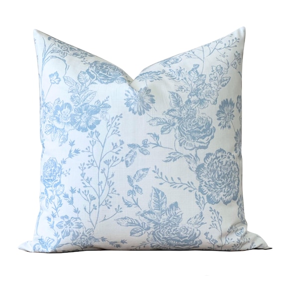 Blue Floral Block Print Pillow Cover | Vintage Flower Pillow Cover | Light Blue Botanical Throw Pillow | 20x20 18x18 Custom Size | Florence