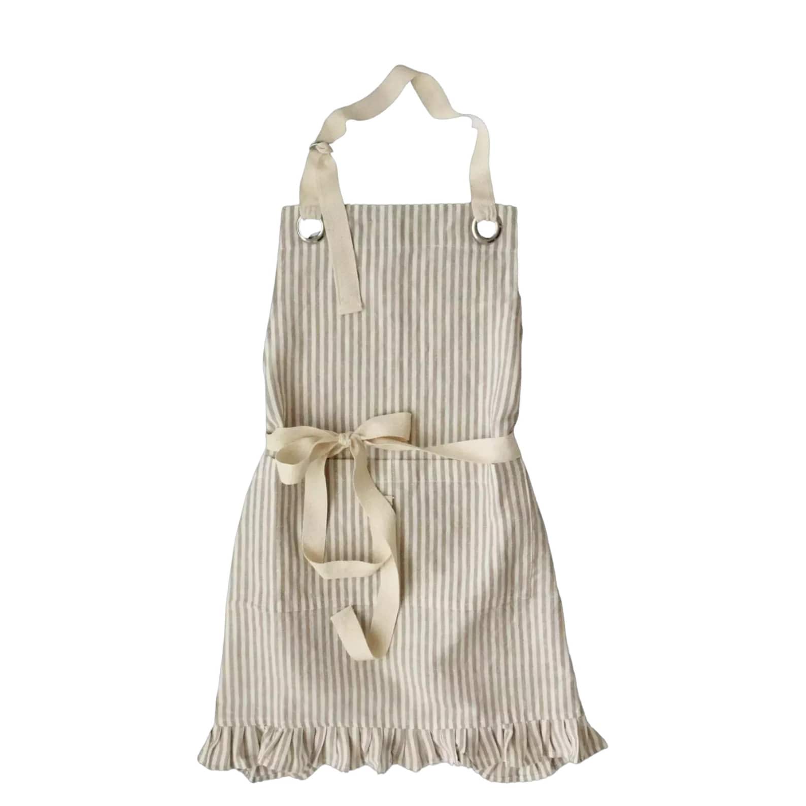 Ruffle Pin Stripe Apron | Adjustable Neck Strap | Cotton Linen Blend, Front Pocket | 30x28 Inches | Tan, Rust, Green, Black, Blue, Gray