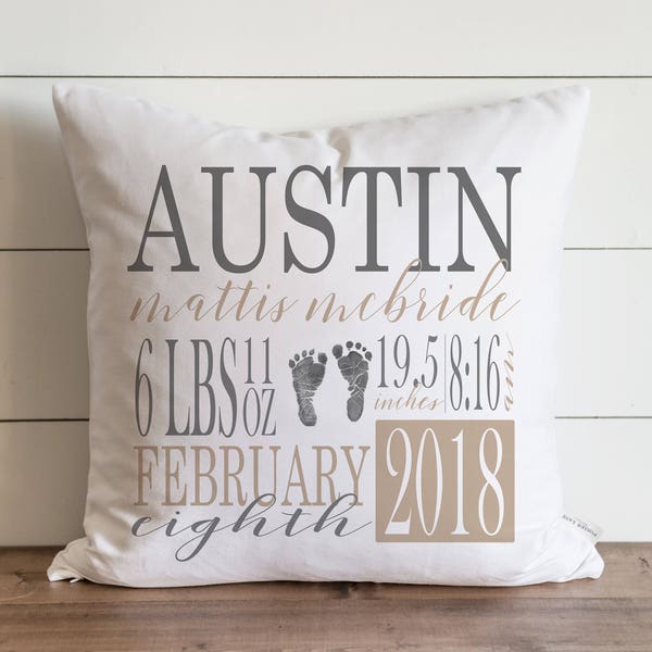 Baby Stat 20 x 20 Pillow Cover_Gray + Tan // New Baby Pillow Cover // Birth Announcement // New Baby Gifts // Nursery Decor //  Newborn Gift