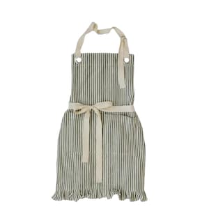 A striped apron with a white ribbon tied around the waist.