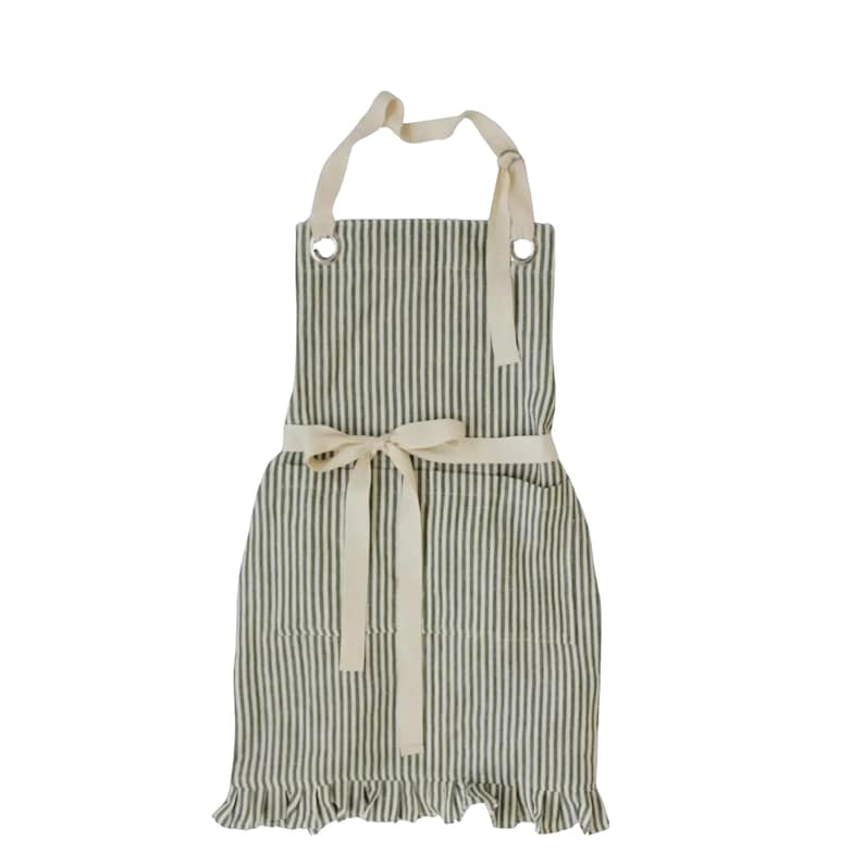 A striped apron with a white ribbon tied around the waist.