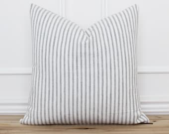 Ticking Striped Pillow Cover • Gray and White Decorative Throw Pillow • Cushion Cover • Gray Stripe Pillow • Designer Pillow Covers | Willa