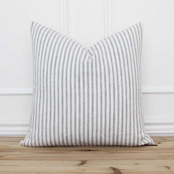 Ticking Striped Pillow Cover • Gray and White Decorative Throw Pillow • Cushion Cover • Gray Stripe Pillow • Designer Pillow Covers | Willa