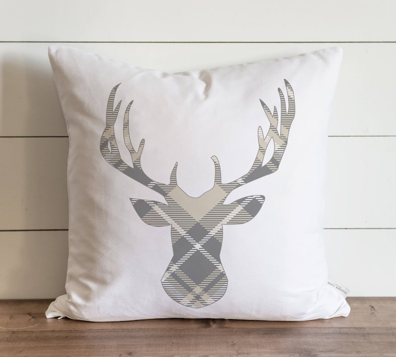 Gray /& Cream Plaid Deer 20 x 20 Pillow Cover Christmas Holiday Winter Throw Pillow Gift Accent Pillow