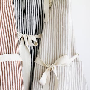 Ruffle Pin Stripe Apron | Adjustable Neck Strap | Cotton Linen Blend, Front Pocket | 30x28 Inches | Tan, Rust, Green, Black, Blue, Gray image 8