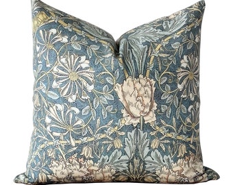 Floral Block Print Pillow Cover | William Morris Inspired Designer Pillow Cover | Teal Floral Throw Pillow | Honey