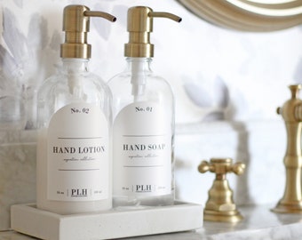 Clear Glass Hand Soap Bottle | Bathroom Lotion Pump | Sanitizer | Kitchen Dish Soap Dispenser Bottle | Refillable Bottle with Gold Pump