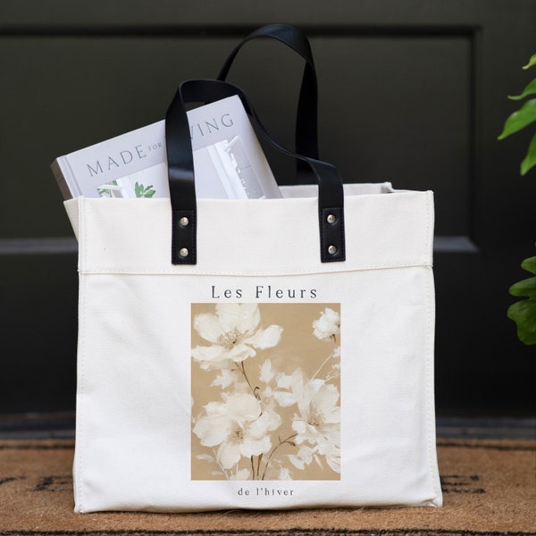 Les Fleurs De L'Hiver Market Tote | Canvas Bag | Leather and Canvas | French | Flowers | Vintage Art | Shopping Bag | Reusable Gift Bag
