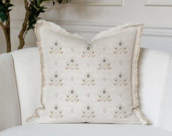 Hand Block Floral Fringe Pillow Cover | Floral Block Print | Decorative Throw Pillow | Modern Block Print | Indian Block Print | Sutton