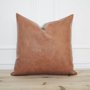 Cognac Faux Leather Pillow Cover •  Camel Leather Brown • Lumbar Pillow • Decorative Pillow • 20x20 • Designer Pillows • 16x26 || Preston