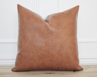 Cognac Faux Leather Pillow Cover •  Camel Leather Brown • Lumbar Pillow • Decorative Pillow • 20x20 • Designer Pillows • 16x26 || Preston